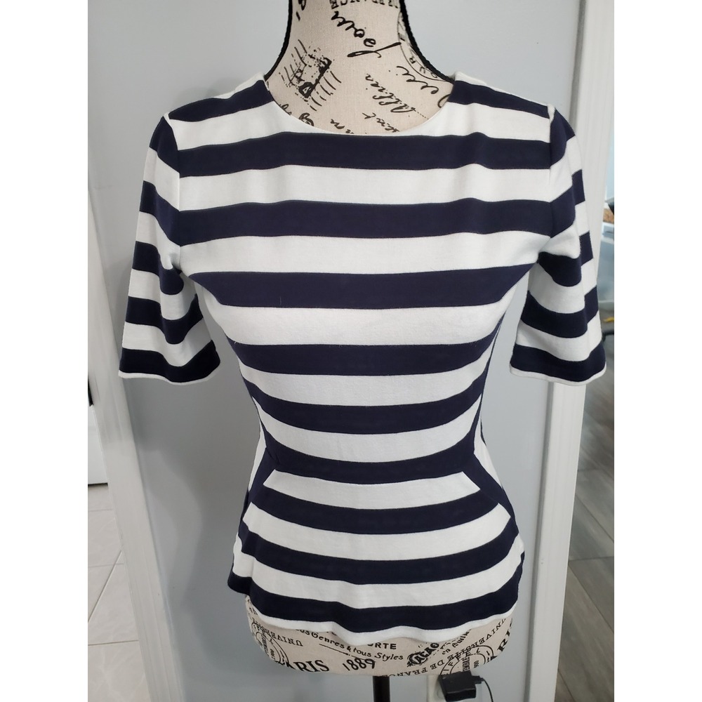 Talbots Petites Navy White Striped Peplum Top Short Sleeve Size P